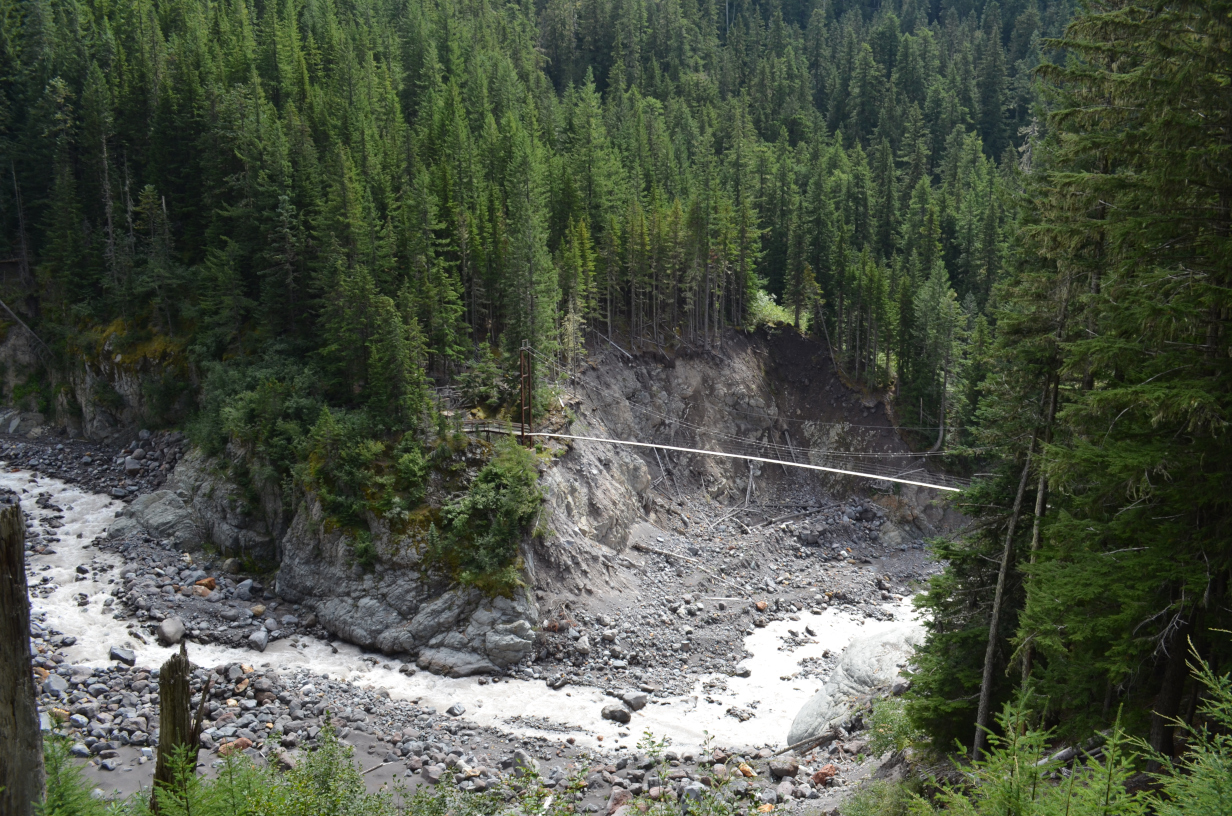 Tahoma Creek suspension bridge from the trail above.