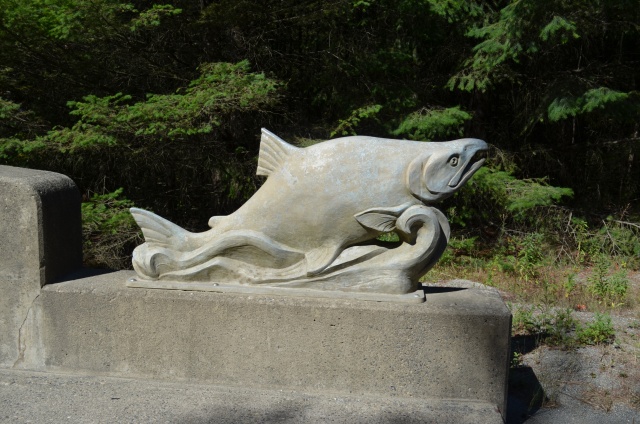 Fish sculpture at the end of the bridge.