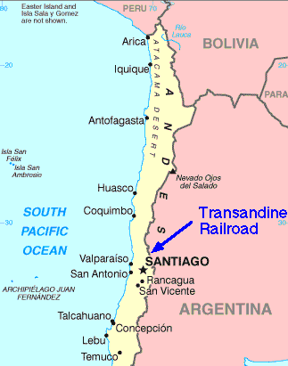 Map showing location of the Transandine Railway.