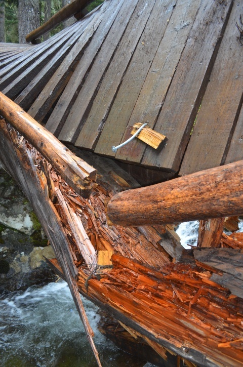 Detail of collapsed Bridge Creek Bridge, Pacific Crest Trail